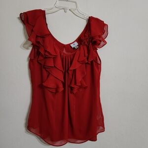 Elegant Red Ruffle Sleeveless Blouse, Separate Cami, Size 1X
